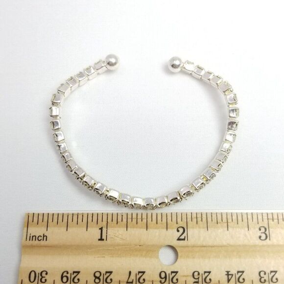 Vintage Wavy Rhinestone Bangle Bracelet, Silver Tone Cuff, Estate - Picture 5 of 7